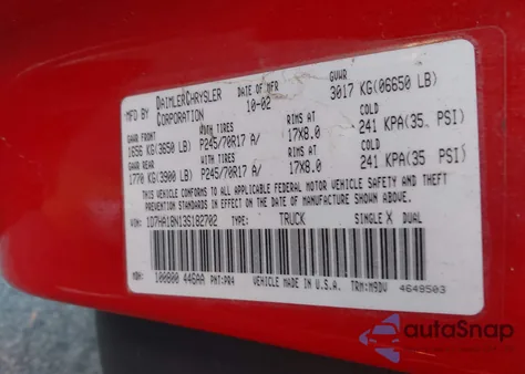 2003 Dodge Ram 1500 Slt/Laramie/St из США, поврежденный, VIN 1D7HA18N13S182702